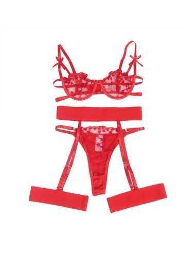 Subblime 954338 Bh + String + Strumpfgürtel Mit Herzdruck Rot L/Xl - MySexyShop.eu