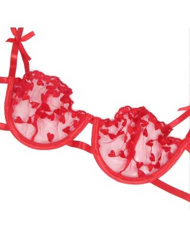 Subblime Heart Print Bra + Thong + Garter Belt Red S/M