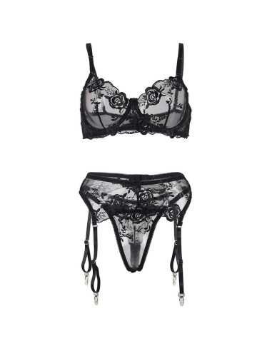 Subblime 945237 Sujetador + Panties Con Liguero Diseño Floral Negro S/M - MySexyShop (ES)