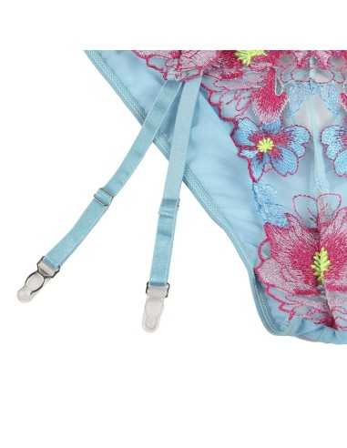 Subblime 954116 Bh + Höschen Mit Strumpfgürtel Blumendesign Blau L/Xl - MySexyShop.eu