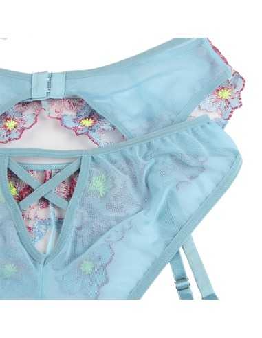 Subblime 954109 Sujetador + Panties Con Liguero Diseño Floral Azul S/M - MySexyShop (ES)
