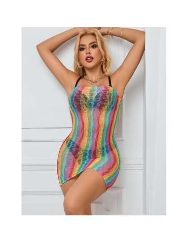 Subblime Rainbow Off Shoulder Sleeveless Fishnet Dress One Size