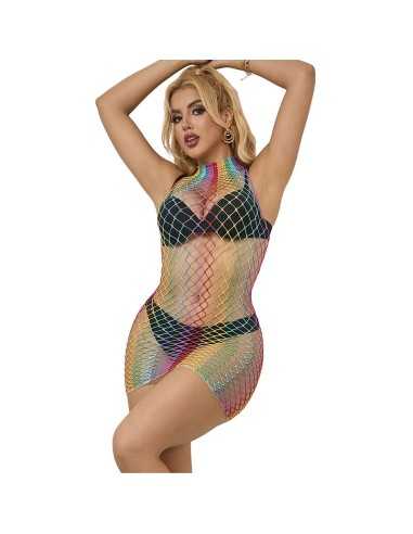 Subblime Rainbow High Neck Sleeveless Fishnet Dress One Size