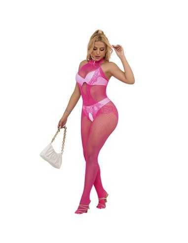 Subblime 952389 Bodystocking Crotchless De Rejilla Y Encaje Con Cuello Alto Rosa Talla Única -
