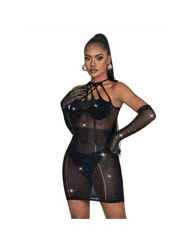 Subblime Fishnet Dress With Rhinestones Black One Size