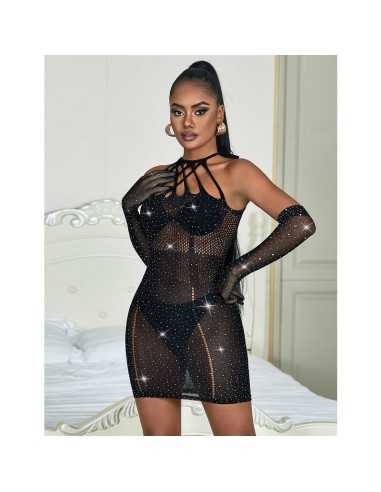 Subblime Fishnet Dress With Rhinestones Black One Size