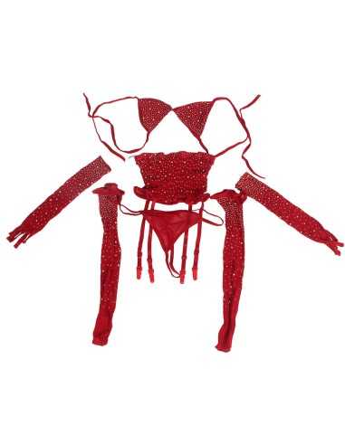 Subblime Bodystocking Resille Avec Gants Et Diamants Rouge