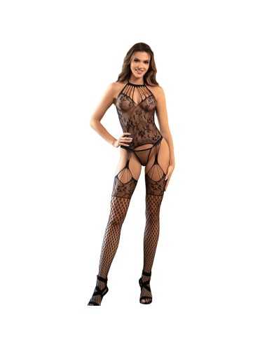 Subblime 952136 Netz-Bodystocking Ohne Schritt Mit Blumendetails Und Schwarzem Neckholder Eine