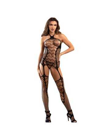 Subblime 952105 Netz-Bodystocking Ohne Schritt Neckholder Und Offenem Rücken Schwarz Eine Grösse -