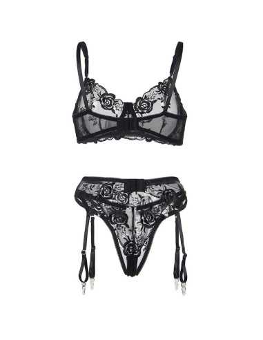 Subblime 3-Teiliges Set Bh + String + Strumpfband Blumenprint Schwarz L/Xl - MySexyShop.eu
