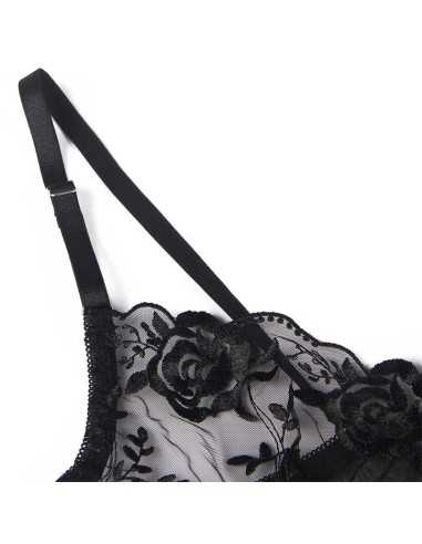 Subblime 3-Teiliges Set Bh + String + Strumpfband Blumenprint Schwarz L/Xl - MySexyShop.eu