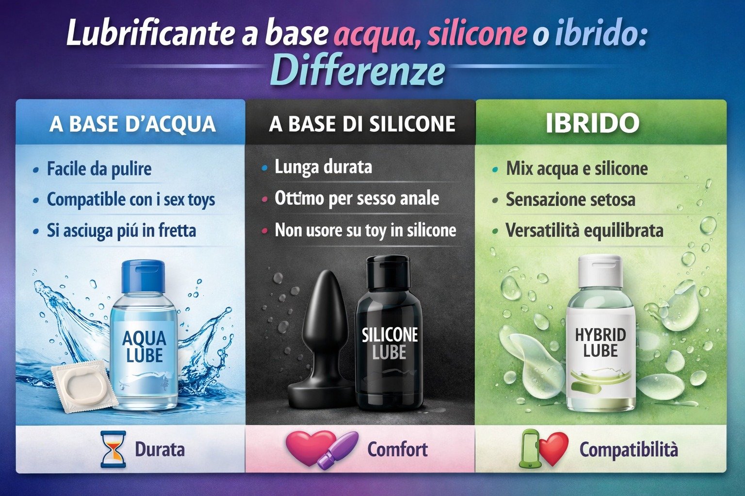 Lubrificante a base acqua, silicone o ibrido: differenze Lubrificante a base acqua, silicone o ibrido: differenze