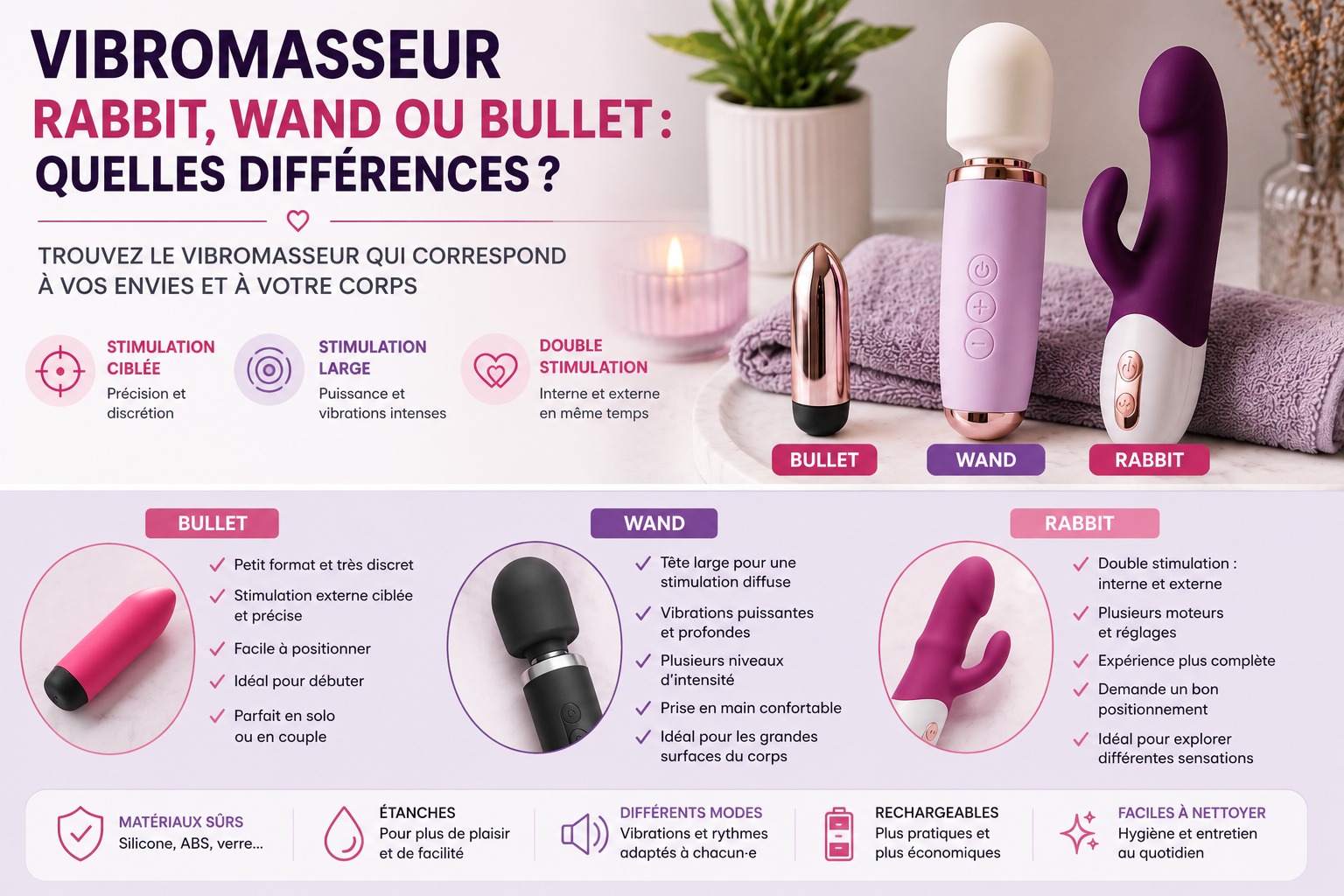 Vibromasseur rabbit, wand ou bullet : quelles différences ?